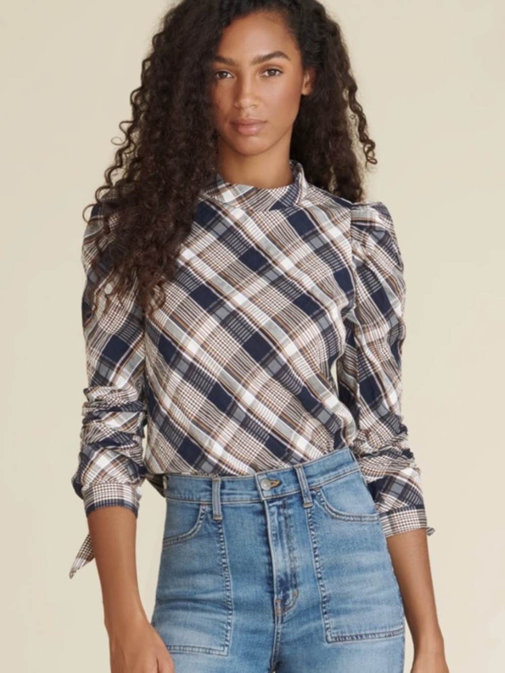 Veronica Beard Plaid Puff-Sleeve Blouse‎ in Navy and Cream